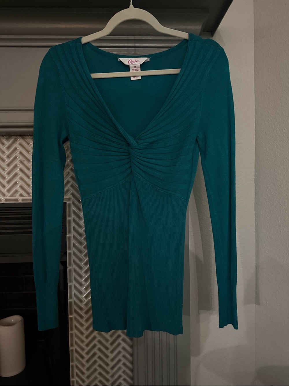 Candie's Teal V-Neck Twist-Front Ribbed Sweater